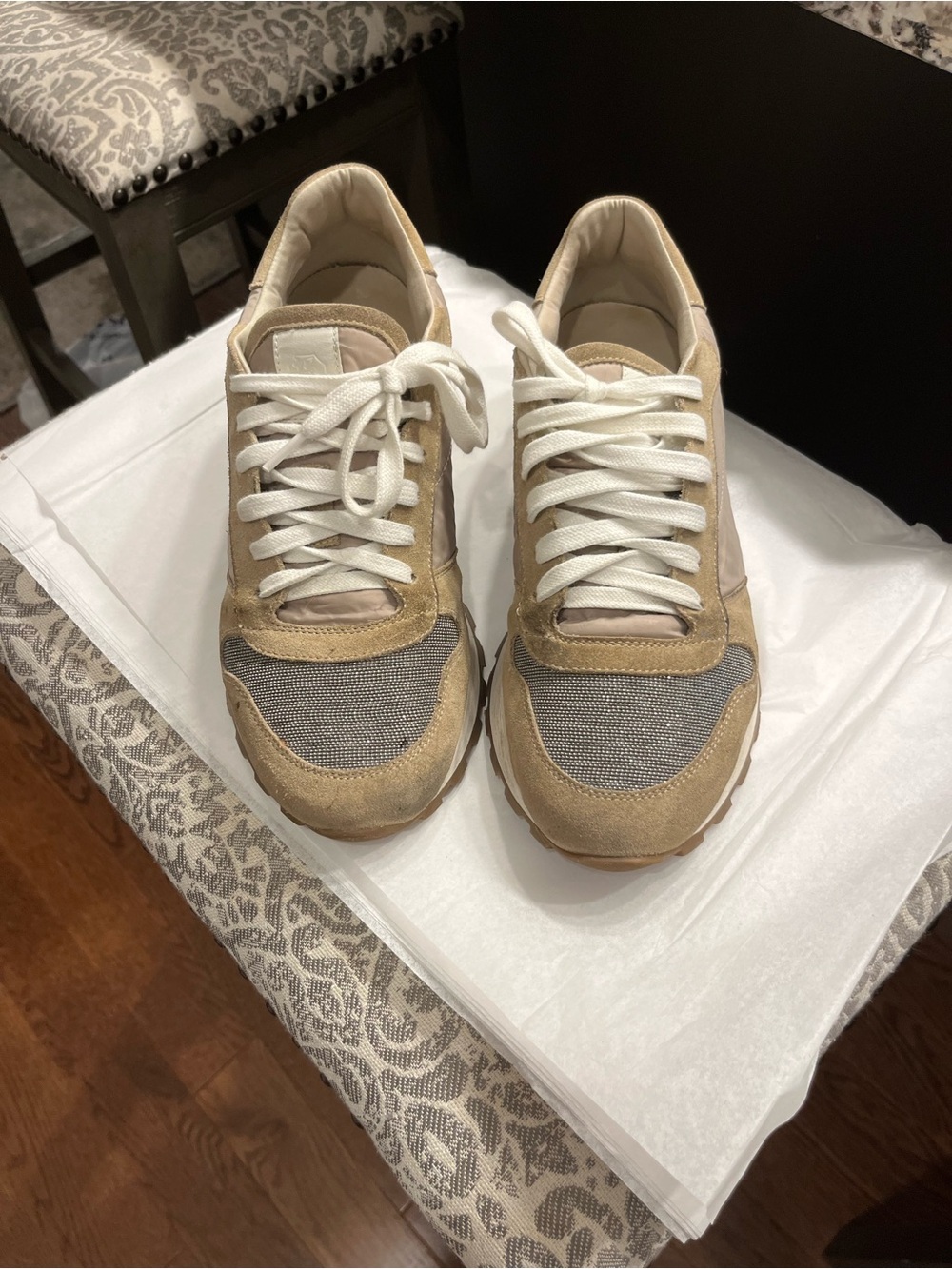 Brunello Cucinelli Beige and Gray Women's Suede & Mesh Sneakers